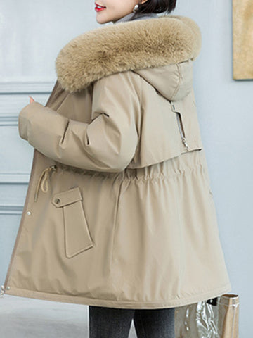 Airchics mi-longue parka doublé polaire avec poches coulisse taille fermeture éclair col en fourrure à capuche femme mode